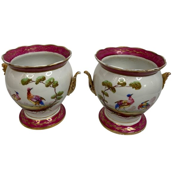 VTG French Ceramic Pots Set Of Two 6" H X 5.5" Dia Gold Filigree Birds G10530 - Picture 2 of 9